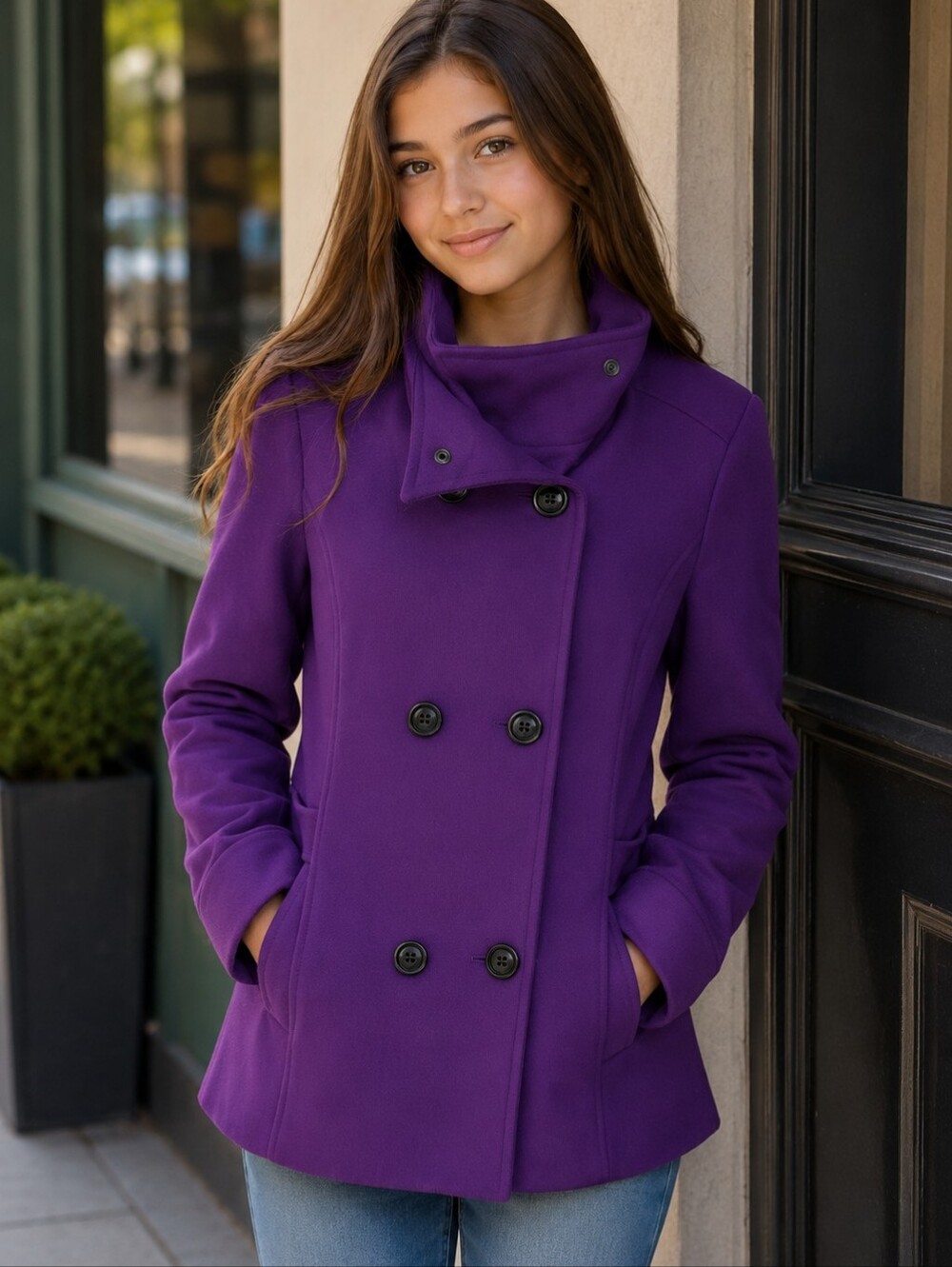 Hot Kiss Girl's Wool Violet Double-Breasted Purple Peacoat. Size 2X Junior.